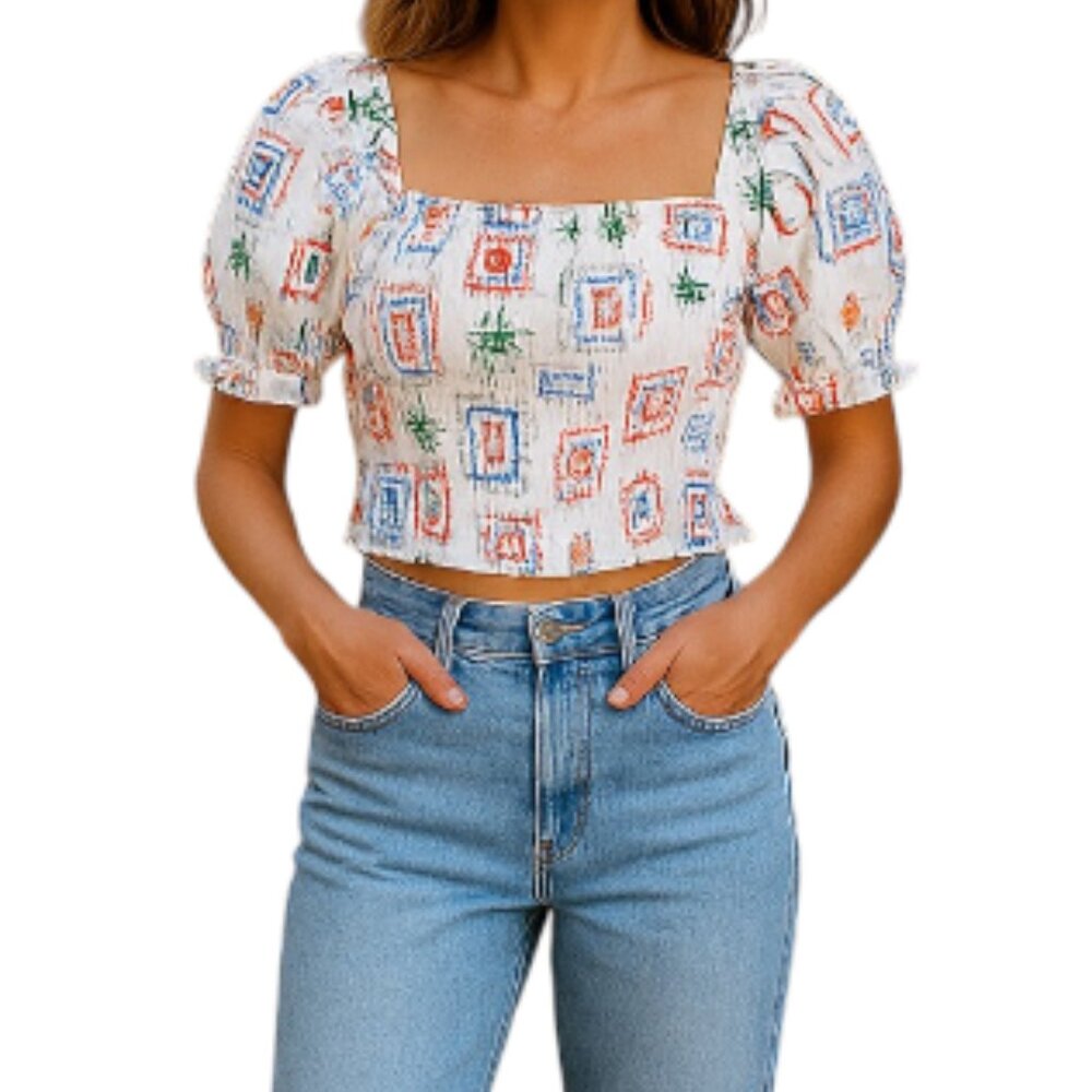 Monteau Seaside Scene Linen Blend Puff Sleeve Boho Crop Smock Top Size XL NWT